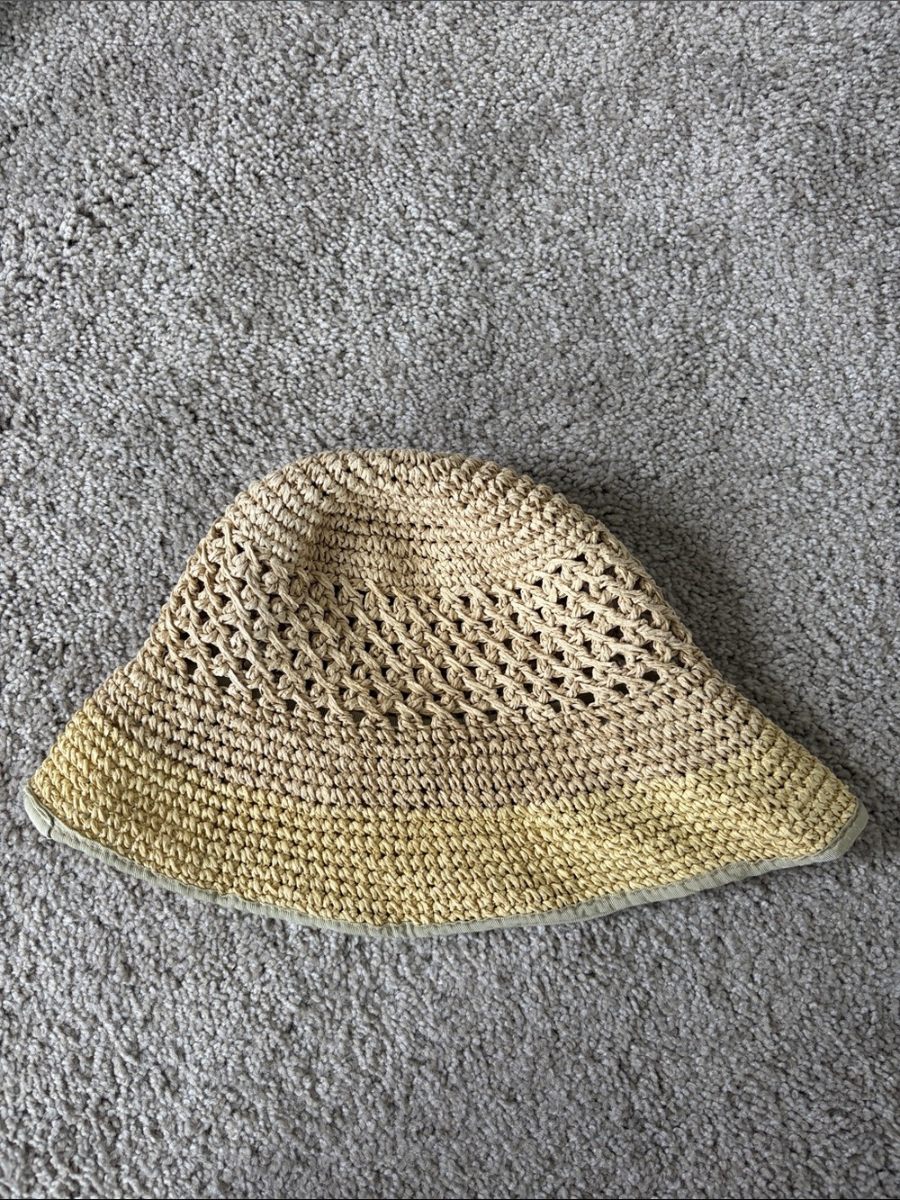 Old Navy Crochet Bucket Hat in Natural and Yellow with Sage Green Trim